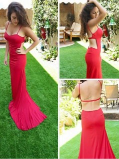 Rote Satin Chiffon Trompete / Meerjungfrau Träger Lange Sex Ballkleider (GJT3949)