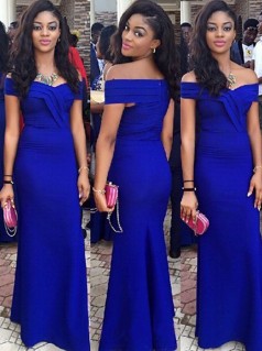 Königsblaue Stretch Satin Meerjungfrau Von Der Schulter Kurzarm Bodenlangen Ballkleider (GJT3956)