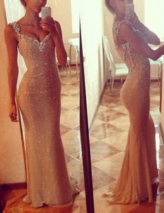 Beige Spitzentrompete / Meerjungfrau V-ausschnitt Bodenlange Sex Ballkleider (GJT3957)