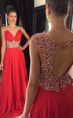 Bodenlange Abendkleider Mit Rotem Chiffon-a-linien-v-ausschnitt Und Kurzen Ärmeln (GJT3960)