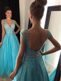 Pool Tüll A-linie V-ausschnitt Kurzarm Bodenlange Abendkleider (GJT3961)