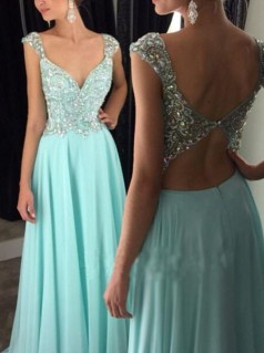 Leichte Pool Chiffon A-linie V-ausschnitt Kurzarm Bodenlangen Abendkleider (GJT3962)