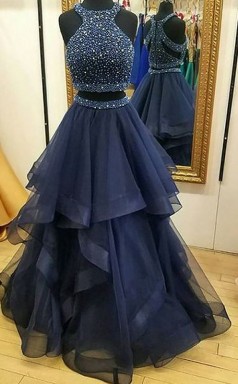 A-linie Halfter Tüll Mit Perlen Bodenlangen Zweiteiligen Kleid JTC10113