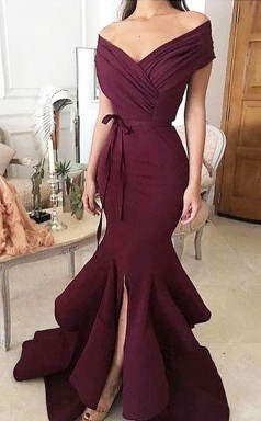 Schulterfreie Meerjungfrau Bodenlang Mit Gerafftem Stretch-crêpe-kleid JTC10573