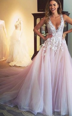 A-linie V-ausschnitt Zug Tüll Mit Applikation Kleid JTC11053