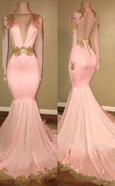 Meerjungfrau V-ausschnitt Zug Lange Ärmel Seide Wie Satin Mit Applikation Kleid JTC11103