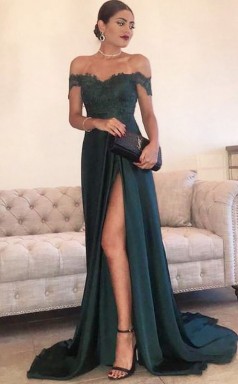 A-line Schulterfreier Zug Mit Spitzenseide Wie Satinkleid JTC11273