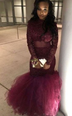 Meerjungfrau Juwel Lange Ärmel Mit Applikation Bodenlangen Spitzenkleid JTC11563