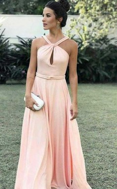 A-linie Halfter Bodenlang Mit Gerafften Chiffon Kleid JTC11573