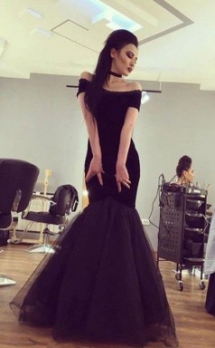 Schulterfreies Bodenlanges Tüllkleid Mit Kurzen Ärmeln Und Meerjungfrau JTC11673