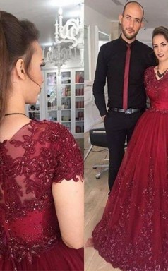 A-linie Kurze Ärmel Mit V-ausschnitt Und Appliziertem Zugtüllkleid JTC11843