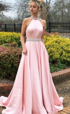 A-linie Halfter Zug Mit Perlen Satin Kleid JTC17533