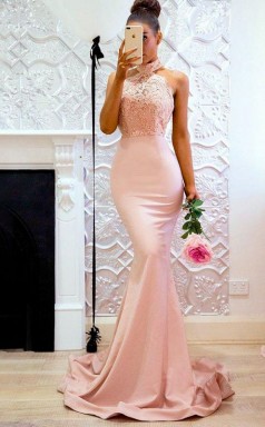 Meerjungfrau Halfter Zug Mit Spitze Charmeuse Kleid JTC19303