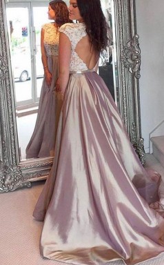 A-linie Juwel Zug Mit Spitze Satin Kleid JTC19663