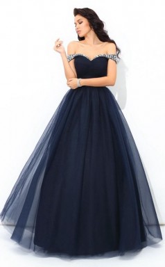 Ballkleid Netz Schulterfrei Bodenlang Mit Perlen Quinceanera Kleid JTC2033