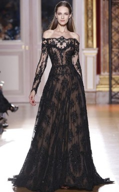 A-linie Schulterfreier Spitzen-langarm-zug Mit Appliziertem Kleid JTC4523