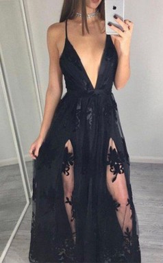 A-linie Tüll Spaghettiträger Bodenlang Mit Applikation Kleid JTC5613