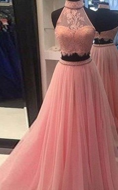 A-linie Tüll High Neck Bodenlang Mit Spitze Zweiteiliges Kleid JTC5663