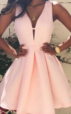 A-linie Shortmini Aus Satin Mit V-ausschnitt Und Rüschenkleid JTC6433