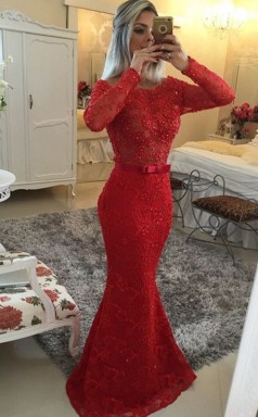 Meerjungfrau Spitze Schaufel Lange Ärmel Zug Mit Sashribbonbelt Kleid JTC683