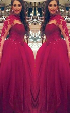 Ballkleid Mit Langen Ärmeln, Hohem Halsausschnitt Und Bodenlangem Tüllkleid Mit Applikation JTC9513