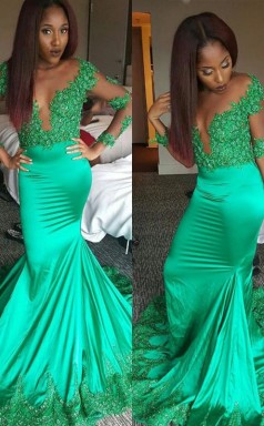 Meerjungfrau Lange Ärmel V-ausschnitt Satin Mit Spitze Zug Kleid JTC9533