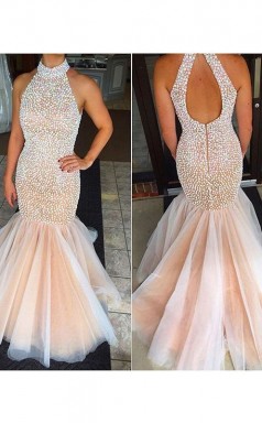 Meerjungfrau Tüll Halfter Zug Mit Perlen Kleid JTCv3563