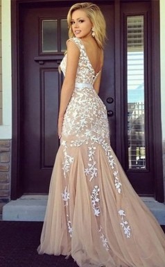 Scheide Tüll Bateau Bodenlang Mit Applikation Kleid JTCv3803