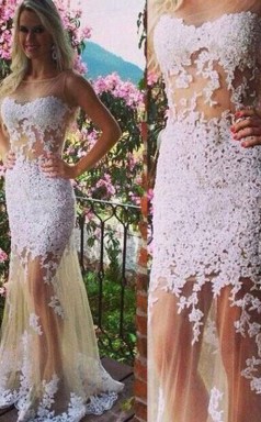 Meerjungfrau Tüll Schaufel Bodenlang Mit Applikation Kleid JTCv5283