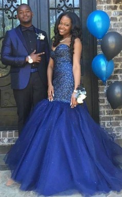 Meerjungfrau Tüll Schatz Bodenlang Mit Perlen Kleid JTCv6003