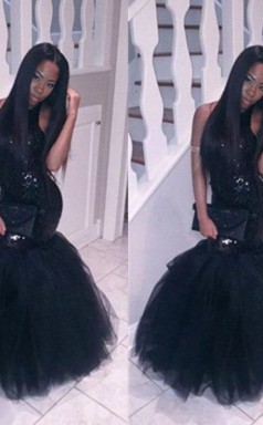 Meerjungfrau Tüll Halfter Bodenlang Mit Paillettenkleid JTCv6163