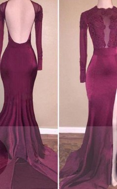 Meerjungfrau Satin Schaufel Lange Ärmel Zug Mit Applikation Kleid JTCv6913