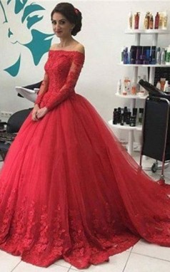 Ballkleid Tüll Schulterfreie Langarm Court Train Mit Spitzenkleid JTCv6943