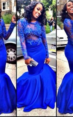 Meerjungfrau Satin Schaufel Lange Ärmel Bodenlang Mit Applikation Kleid JTCv7073