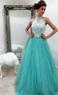 A-linie Halfter Bodenlanges Spitze Tüllkleid JTCvo153