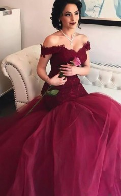 Schulterfreies Bodenlanges Spitzen-tüllkleid Aus Meerjungfrau JTCvo223