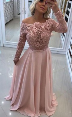 A-linie Bateau Langarm Bodenlanges Spitze Chiffon Kleid JTCvo83