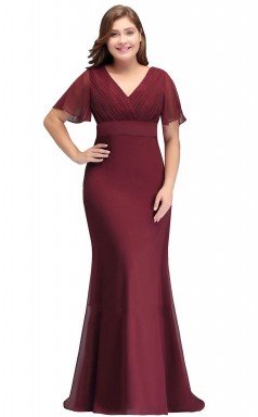 Burgunder Langes Kurzärmliges Brautjungfern- / Partykleid Mit V-ausschnitt PPBD010