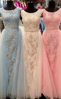 Neue Ankunft Elegante Kristallschaufel ärmellose Tüll Applikationen Brautjungfernkleid QQ02072