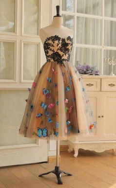 Kurze Tee Länge Champagner BlumenAbschluss ballkleid REAL024