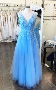 V Hals Hellblaues Spitzen -Abschluss ballkleid REALS122