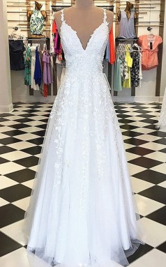 V -nacken Weiße Spitzen -Abschluss ballkleid REALS125