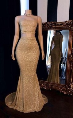 Champagner -pailletten Zweiteilige Lange Meerjungfrau -promkleid REALS140