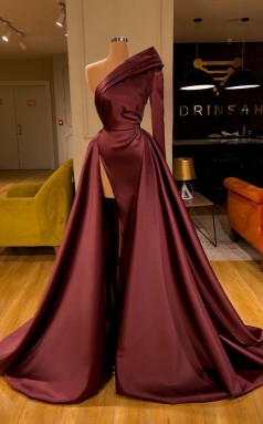 Dunkler Burgunder Langhülle High Split One Ärmel Abendkleid REALS163