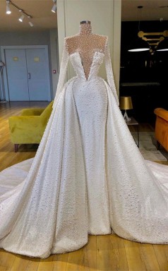 Designer Hoher Nacken Langärmelige Perlen -Abschluss ballkleid REALS164