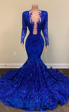 Sparkle Königsblau Paillon Langarmes Meerjungfrau Ballkleider REALS188