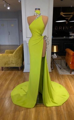 Gelbgrün Sexy Hoch Geteilte Side -abendkleid REALS203