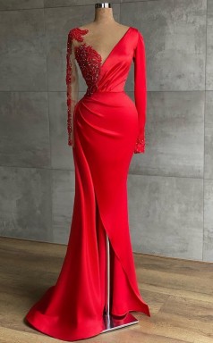 Rot Lang Sleeve V-ausschnitt Meerjungfrau Ballkleider REALS215