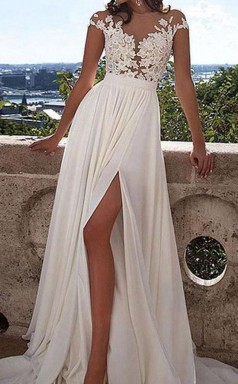 V-ausschnitt Flügelärmel Sweep-schleppe Elfenbein Brautkleid Mit Applikationen Twa0022