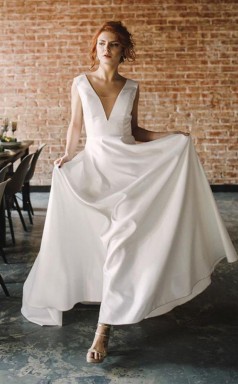 A-linie V-ausschnitt Mit Offenem Rücken Satin Langes Brautkleid Mit Taschen Twa0052